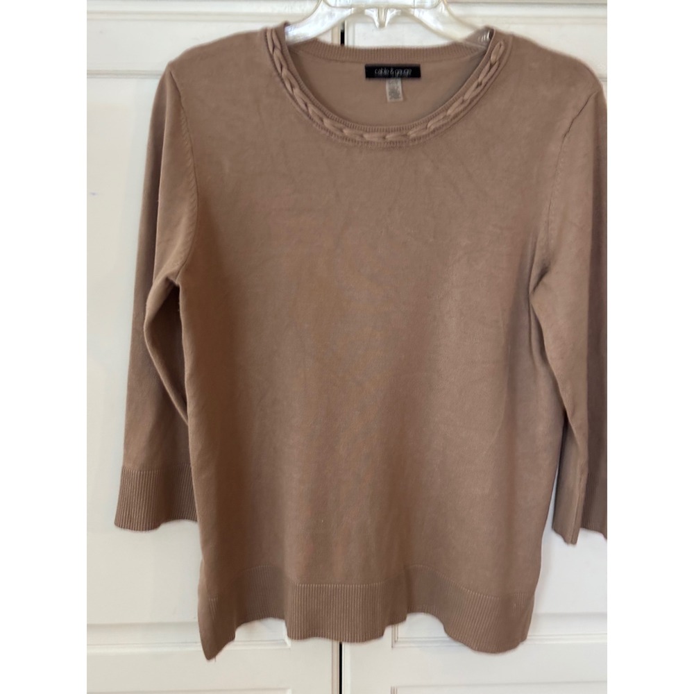 Cable & Gauge Womens Tan Brown Braided Neck 3/4 Sleeve Knit Sweater Large
